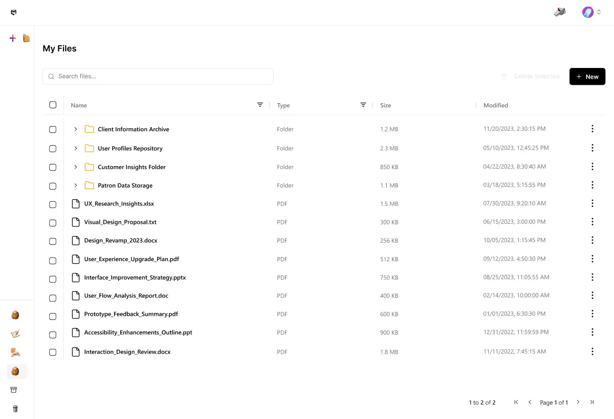 Dataset and file manager interface showing data organization and file handling